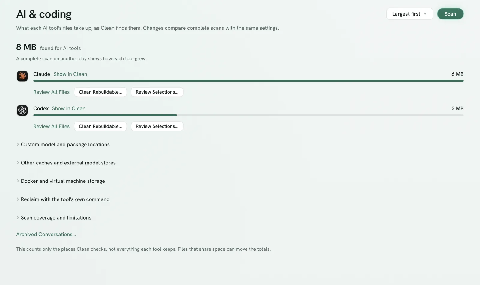 ElfClean's AI & coding screen, showing how much Claude and Codex use, with buttons to clean what rebuilds itself or review selections.