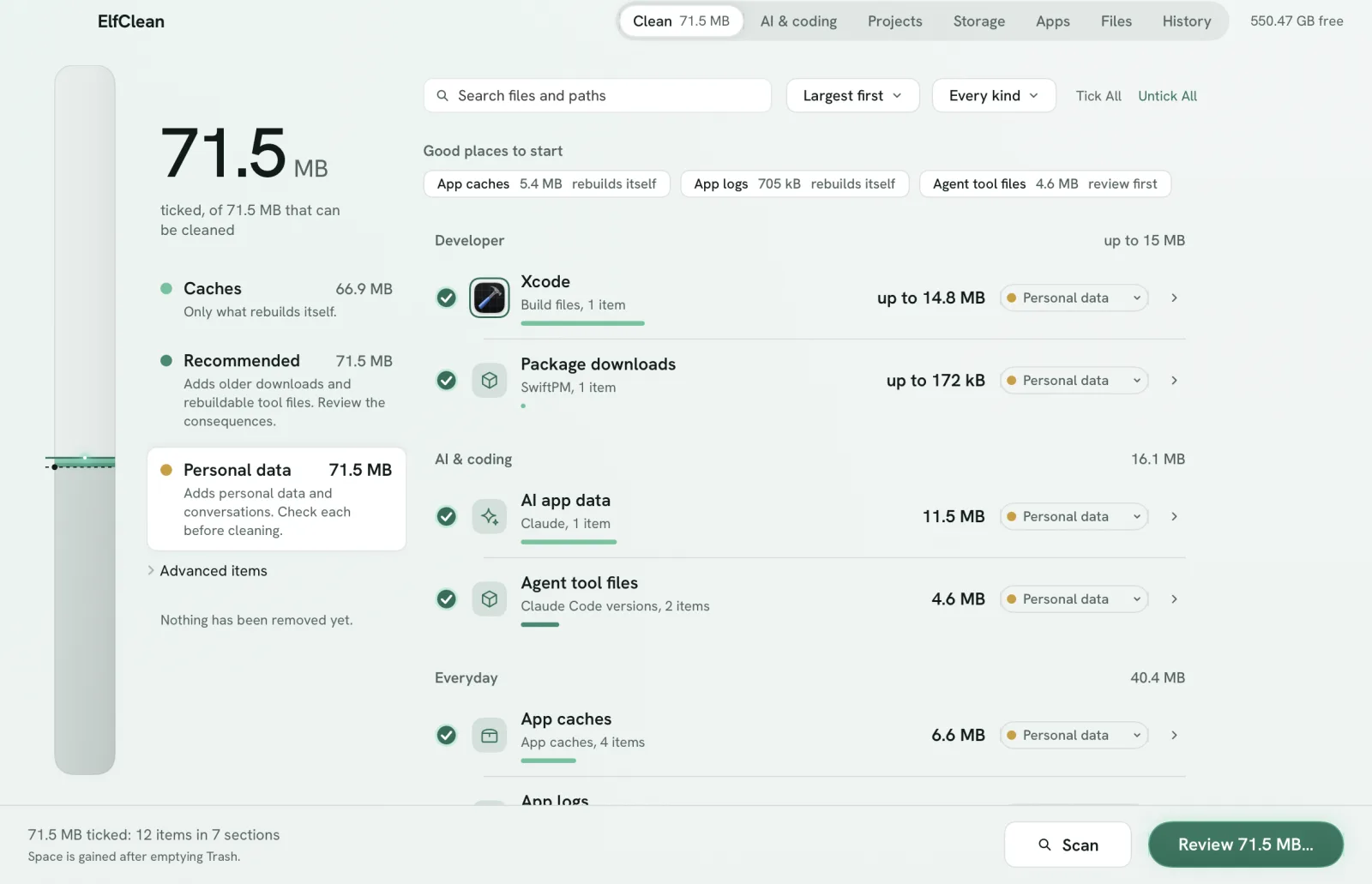 ElfClean's Clean screen: the gauge on the left, levels from Caches to Personal data, and sections for Xcode, package downloads, AI app data and app caches.